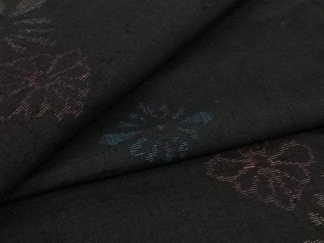 平和屋着物▽上質な紬　単衣　花菱文　黒地　正絹　逸品　AABL6954jh