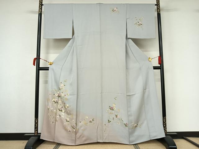平和屋着物▽訪問着　単衣　草花文　暈し染め　金彩　正絹　逸品　AABL6955jh