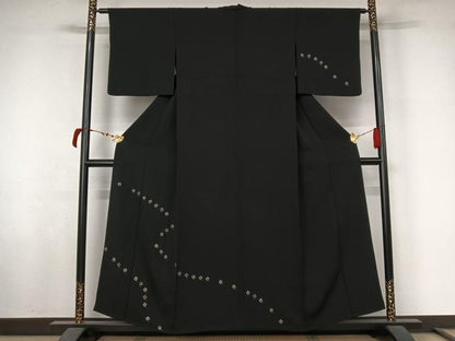 平和屋着物▽訪問着　単衣　竹屋町刺繍　舞花文　黒地　金銀彩　金糸　鈴乃屋扱い　正絹　逸品　AABL6958jh