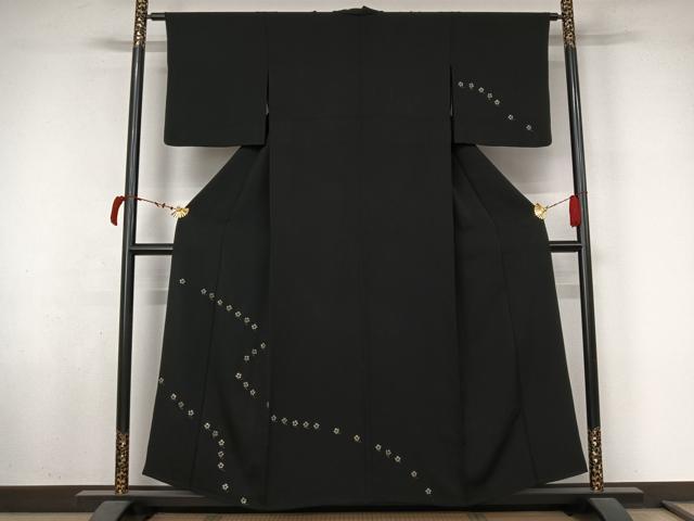 平和屋着物▽訪問着　単衣　竹屋町刺繍　舞花文　黒地　金銀彩　金糸　鈴乃屋扱い　正絹　逸品　AABL6958jh