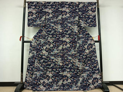 平和屋着物▽上質な小紋　単衣　型染め　風景花文　正絹　逸品　AABL6959jh