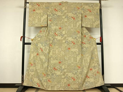 平和屋着物▽上質な小紋　単衣　更紗花文　正絹　逸品　AABL6960jh