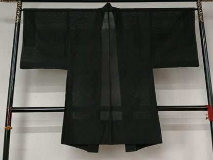 平和屋着物▽男性　長羽織　スリーシーズン　春夏秋　塵除け　黒地　正絹　逸品　AABL6964jh