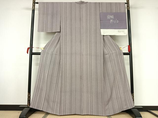 平和屋着物▽上質な小紋　単衣　粋なしま　反端付き　正絹　逸品　AABL6967jh