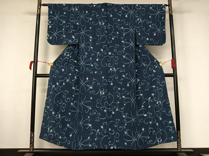 平和屋着物▽上質な小紋　単衣　ろうけつ染め　花唐草文　正絹　逸品　AABL6974jh