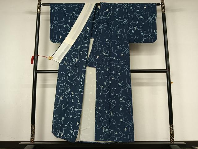 平和屋着物▽上質な小紋　単衣　ろうけつ染め　花唐草文　正絹　逸品　AABL6974jh