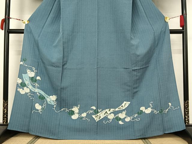 平和屋着物▽訪問着　単衣　お召地　花唐草文　正絹　逸品　AABL6975jh