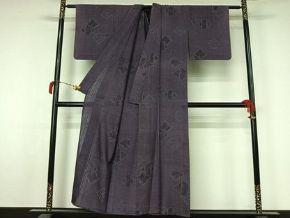 平和屋着物▽上質な小紋　単衣　紬地　松皮菱花文　正絹　逸品　AABL6983jh