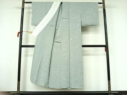 平和屋着物▽上質な色無地　単衣　雲取り花地紋　秘色色　正絹　逸品　AABL6996jh