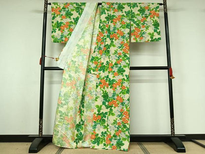 平和屋着物▽小紋　単衣　草花文　洗える着物　AABL7000jh