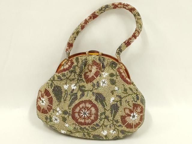 平和屋着物●和装小物　和装バッグ　ハンドバッグ　ビーズバッグ　花柄　逸品　AABL7036ay