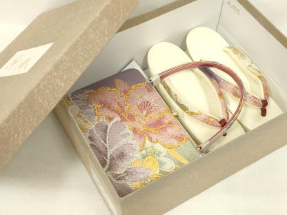 平和屋着物●和装小物　和装バッグ・草履セット　紗織　ハンドバッグ　花柄　金銀糸　帯地使用　Lサイズ　逸品　AABL7076ay