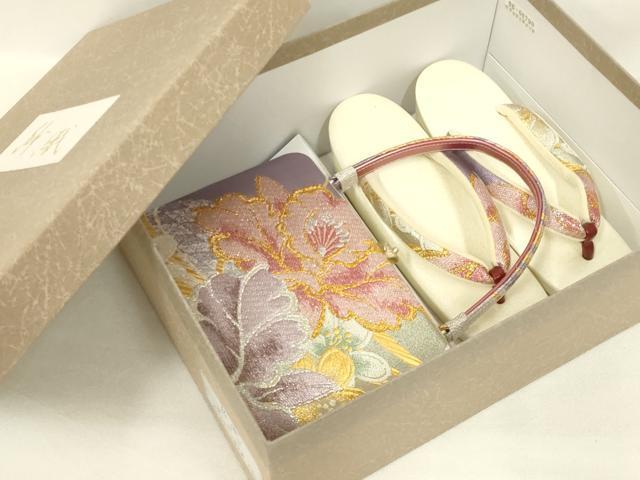 平和屋着物●和装小物　和装バッグ・草履セット　紗織　ハンドバッグ　花柄　金銀糸　帯地使用　Lサイズ　逸品　AABL7076ay