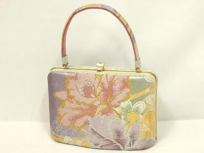 平和屋着物●和装小物　和装バッグ・草履セット　紗織　ハンドバッグ　花柄　金銀糸　帯地使用　Lサイズ　逸品　AABL7076ay