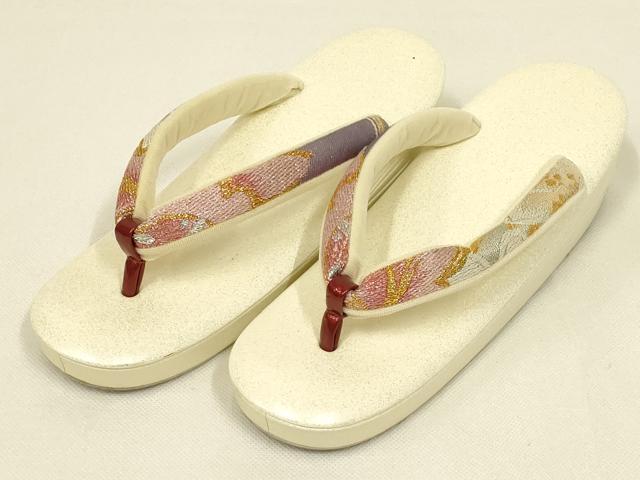 平和屋着物●和装小物　和装バッグ・草履セット　紗織　ハンドバッグ　花柄　金銀糸　帯地使用　Lサイズ　逸品　AABL7076ay