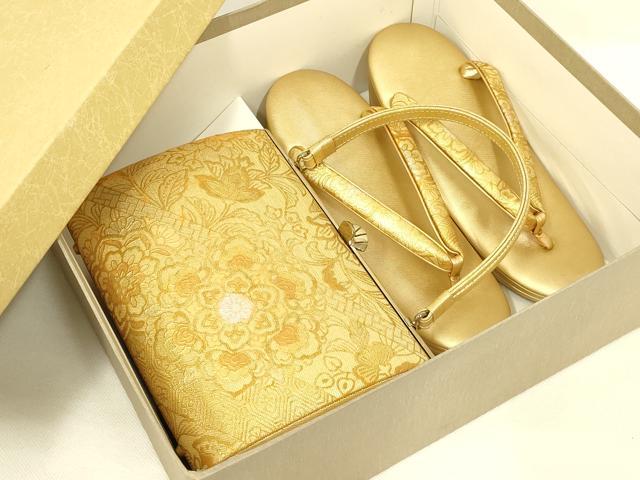 平和屋着物●和装小物　和装バッグ・草履セット　礼装用　ハンドバッグ　洋花文　金糸　金銀彩　帯地使用　逸品　AABL7078ay