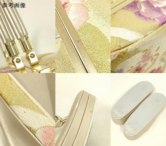 平和屋着物●和装小物　和装バッグ・草履セット　ハンドバッグ　花柄　金糸　帯地使用　逸品　AABL7081ay