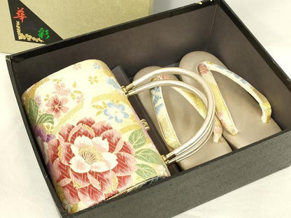 平和屋着物●和装小物　和装バッグ・草履セット　ハンドバッグ　花柄　金糸　帯地使用　逸品　AABL7081ay