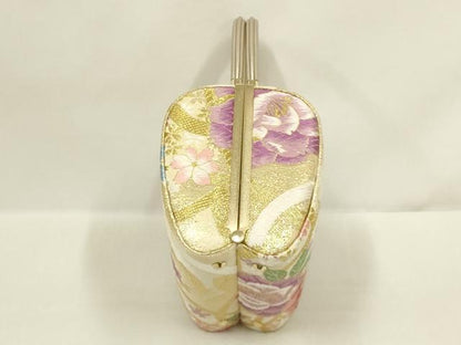 平和屋着物●和装小物　和装バッグ・草履セット　ハンドバッグ　花柄　金糸　帯地使用　逸品　AABL7081ay