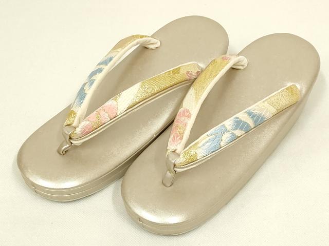 平和屋着物●和装小物　和装バッグ・草履セット　ハンドバッグ　花柄　金糸　帯地使用　逸品　AABL7081ay