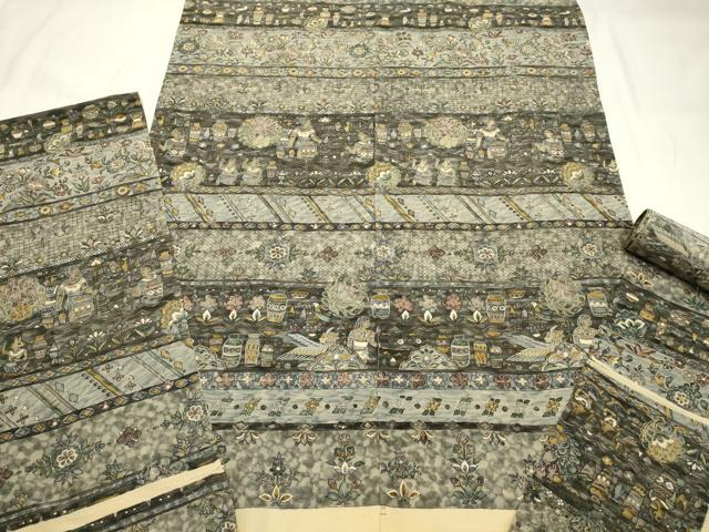 平和屋着物●付下げ　解き反物　着尺　作家物　刺繍　古代壁画文様　更紗　金糸　金彩　正絹　逸品　AABL7128ay