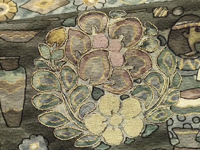 平和屋着物●付下げ　解き反物　着尺　作家物　刺繍　古代壁画文様　更紗　金糸　金彩　正絹　逸品　AABL7128ay