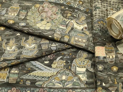 平和屋着物●付下げ　解き反物　着尺　作家物　刺繍　古代壁画文様　更紗　金糸　金彩　正絹　逸品　AABL7128ay