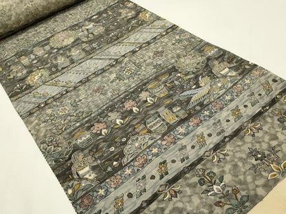平和屋着物●付下げ　解き反物　着尺　作家物　刺繍　古代壁画文様　更紗　金糸　金彩　正絹　逸品　AABL7128ay