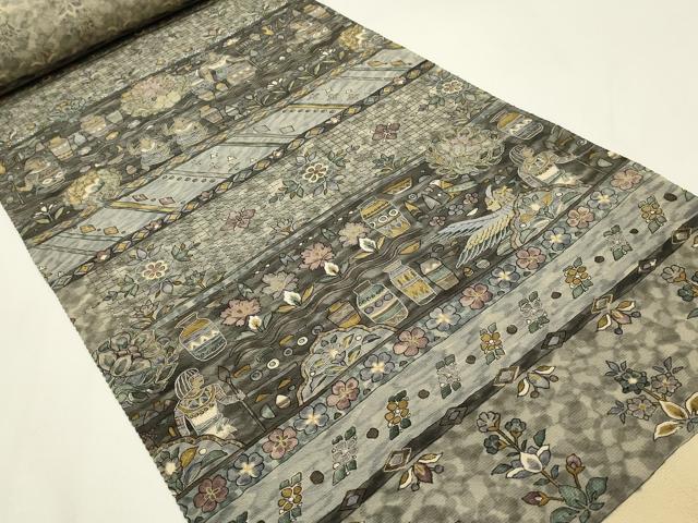 平和屋着物●付下げ　解き反物　着尺　作家物　刺繍　古代壁画文様　更紗　金糸　金彩　正絹　逸品　AABL7128ay
