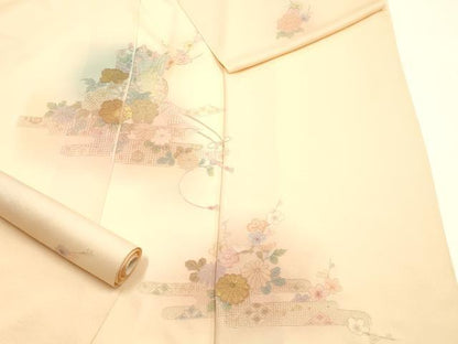 平和屋着物●中国三大刺繍 汕頭刺繍 スワトウ刺繍　付下げ　反物　着尺　霞花文　金糸　丹後ちりめん　証紙付き　逸品　未使用　AABL7130ay