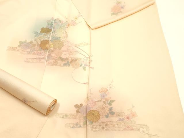 平和屋着物●中国三大刺繍 汕頭刺繍 スワトウ刺繍　付下げ　反物　着尺　霞花文　金糸　丹後ちりめん　証紙付き　逸品　未使用　AABL7130ay