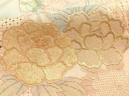 平和屋着物●中国三大刺繍 汕頭刺繍 スワトウ刺繍　付下げ　反物　着尺　霞花文　金糸　丹後ちりめん　証紙付き　逸品　未使用　AABL7130ay