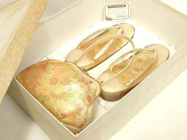 平和屋着物▼和装小物　和装バッグ・草履セット　心斎橋 てんぐ　佐賀錦　ハンドバッグ　花柄　金糸　帯地使用　逸品　AABL7177ay