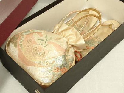 平和屋着物▼和装小物　和装バッグ・草履セット　佐賀錦　ハンドバッグ　花柄　金糸　Lサイズ　帯地使用　逸品　AABL7179ay