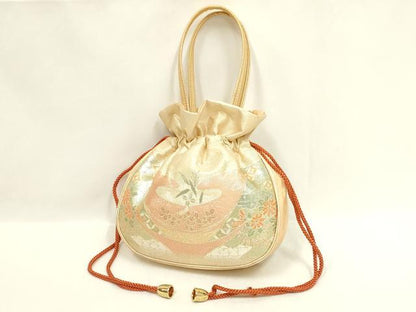 平和屋着物▼和装小物　和装バッグ・草履セット　佐賀錦　ハンドバッグ　花柄　金糸　Lサイズ　帯地使用　逸品　AABL7179ay