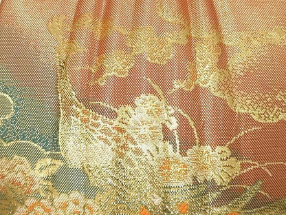 平和屋着物▼和装小物　和装バッグ・草履セット　ハンドバッグ　孔雀花文　金糸　帯地使用　逸品　AABL7187ay
