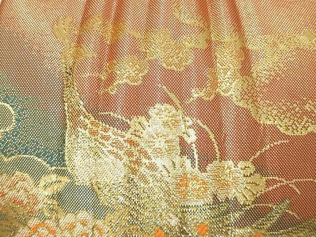 平和屋着物▼和装小物　和装バッグ・草履セット　ハンドバッグ　孔雀花文　金糸　帯地使用　逸品　AABL7187ay