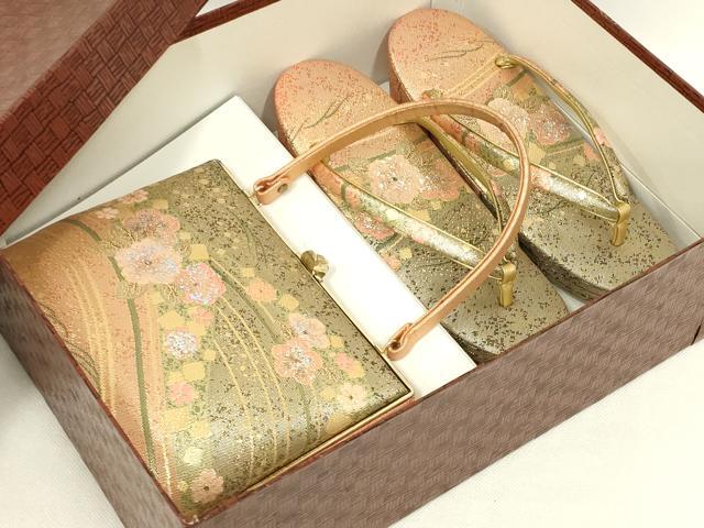 平和屋着物▼和装小物　和装バッグ・草履セット　ハンドバッグ　花柄　金糸　帯地使用　逸品　AABL7188ay