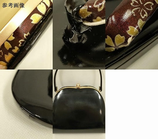 平和屋着物▼和装小物　和装バッグ・草履セット　ハンドバッグ　エナメル　花柄　金彩　逸品　AABL7189ay