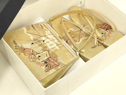 平和屋着物▼和装小物　和装バッグ・草履セット　ハンドバッグ　人物風景文　御所車　金銀糸　帯地使用　逸品　AABL7190ay