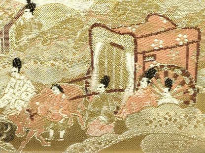平和屋着物▼和装小物　和装バッグ・草履セット　ハンドバッグ　人物風景文　御所車　金銀糸　帯地使用　逸品　AABL7190ay