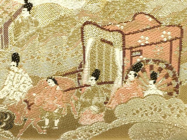 平和屋着物▼和装小物　和装バッグ・草履セット　ハンドバッグ　人物風景文　御所車　金銀糸　帯地使用　逸品　AABL7190ay