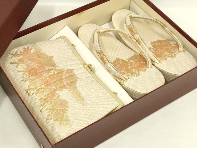 平和屋着物▼和装小物　和装バッグ・草履セット　佐賀錦　ハンドバッグ　クラッチバッグ　糸巻　花　金糸　逸品　AABL7193ay
