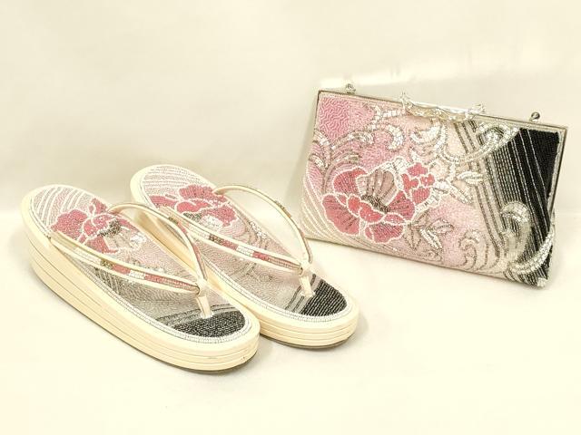 平和屋着物▼和装小物　和装バッグ・草履セット　ハンドバッグ　ビーズ　花柄　逸品　AABL7196ay