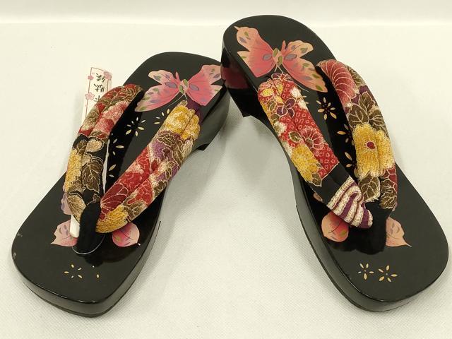 平和屋着物▼和装小物　下駄2点セット　鼻緒:花柄　更紗　舞蝶　逸品　未使用　AABL7197ay