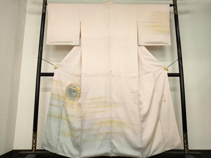 平和屋着物●人間国宝　福田喜三郎　訪問着　中国三大刺繍　相良刺繍　霞花丸文　暈し染め　金糸　金彩　正絹　逸品　AABL7201ck