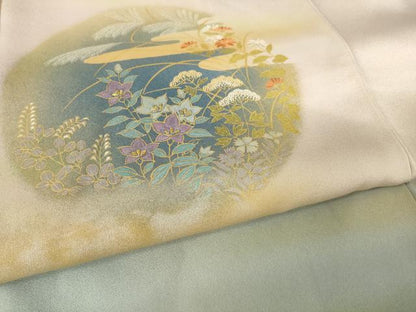 平和屋着物●人間国宝　福田喜三郎　訪問着　中国三大刺繍　相良刺繍　霞花丸文　暈し染め　金糸　金彩　正絹　逸品　AABL7201ck
