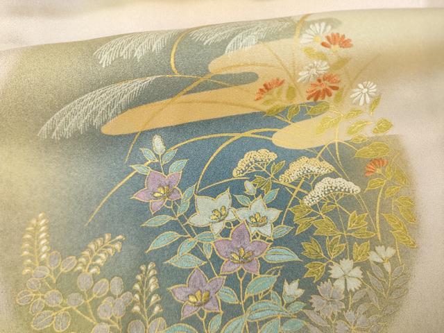 平和屋着物●人間国宝　福田喜三郎　訪問着　中国三大刺繍　相良刺繍　霞花丸文　暈し染め　金糸　金彩　正絹　逸品　AABL7201ck