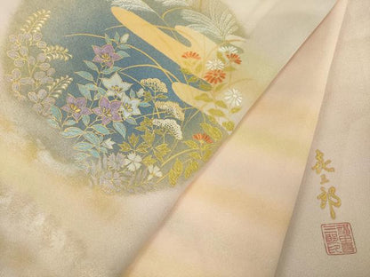 平和屋着物●人間国宝　福田喜三郎　訪問着　中国三大刺繍　相良刺繍　霞花丸文　暈し染め　金糸　金彩　正絹　逸品　AABL7201ck