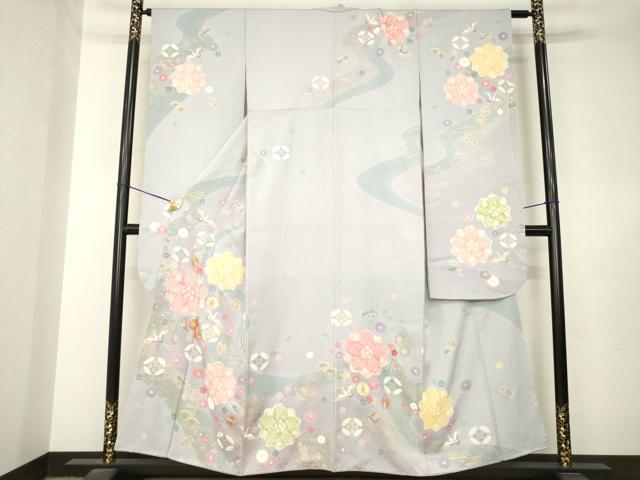 平和屋着物●手描友禅　圭雲　振袖　絞り　駒刺繍　飛鶴吉祥花文　金彩　正絹　逸品　AABL7211ck